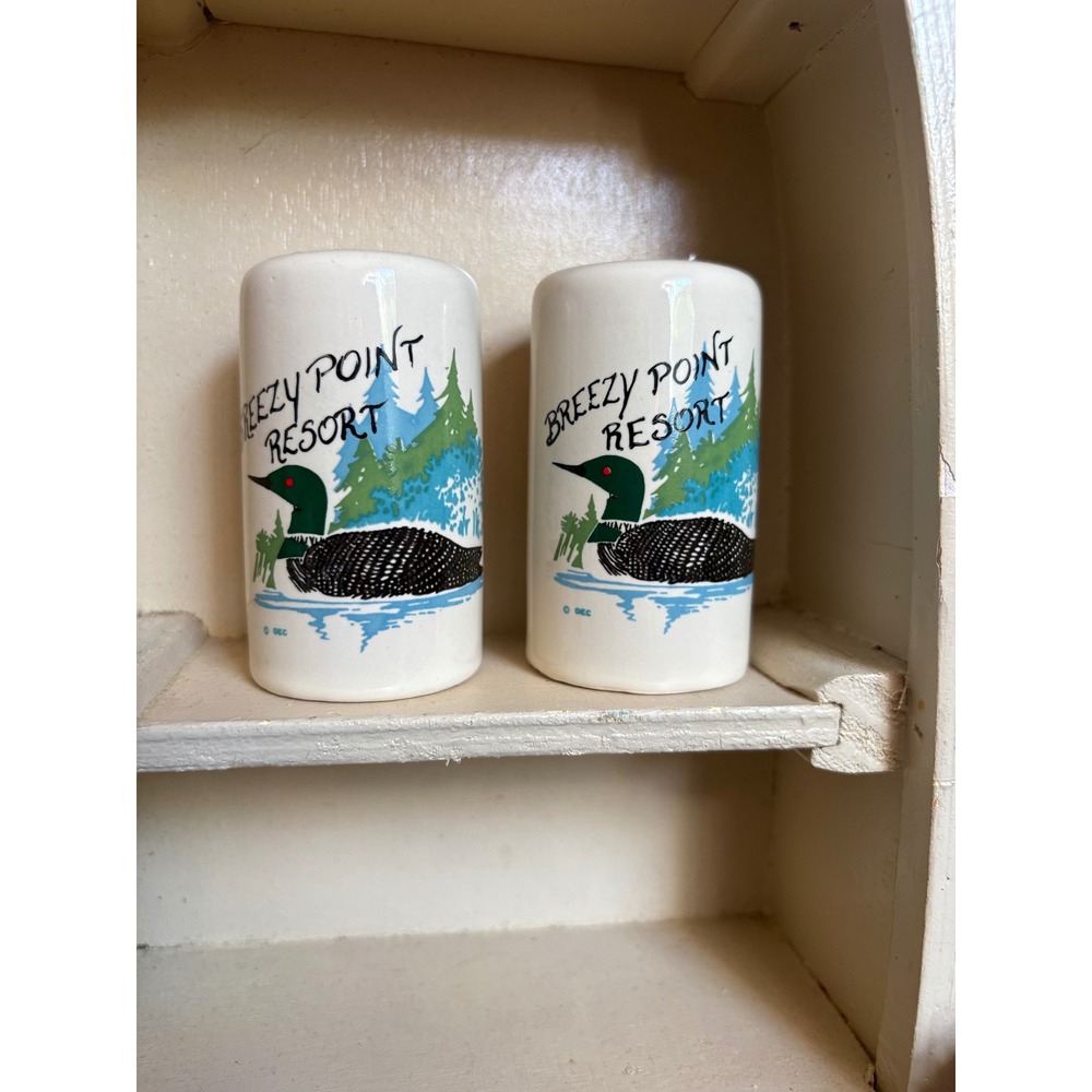 Vintage Breezy Point Resort Loon Salt and Pepper Shakers Ceramic Souvenir Set